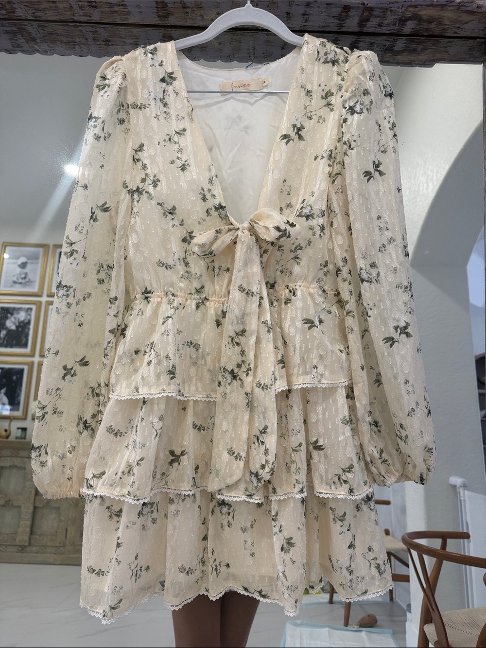 Ivory Floral Tie-Front Tiered Long-Sleeve Dress